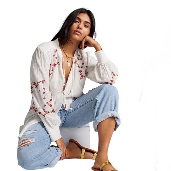 Anthropologie Embroidered White Tunic Blouse Size Medium - Picture 3 of 9